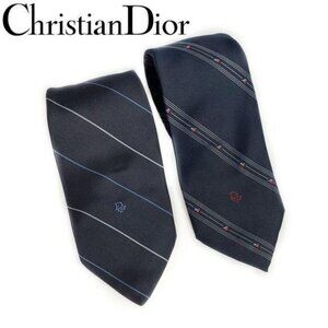 Christian Dior Mens Silk Tie Set Of 2 Blue & Red Striped Neckties designer